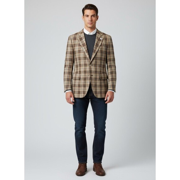 Vintage Hart Schaffner Marx 2-Button Plaid Blazer Mens Chest 44 Tan Beige - Picture 1 of 15